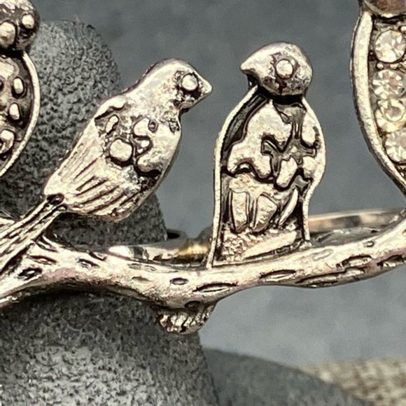 Perched Birds Double Ring Branch Silver Rhinestone Retro BoHo Soft Girl Cottage - Picture 3 of 10